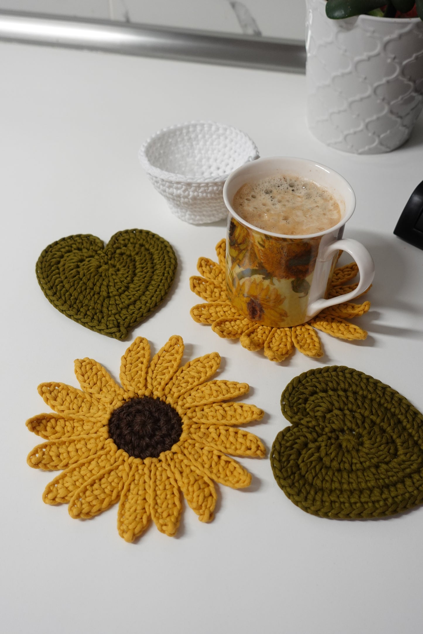 Crochet Sunflower Pot Coaster Set Written Pattern, crochet plant pot coaster pattern, Brunaticality