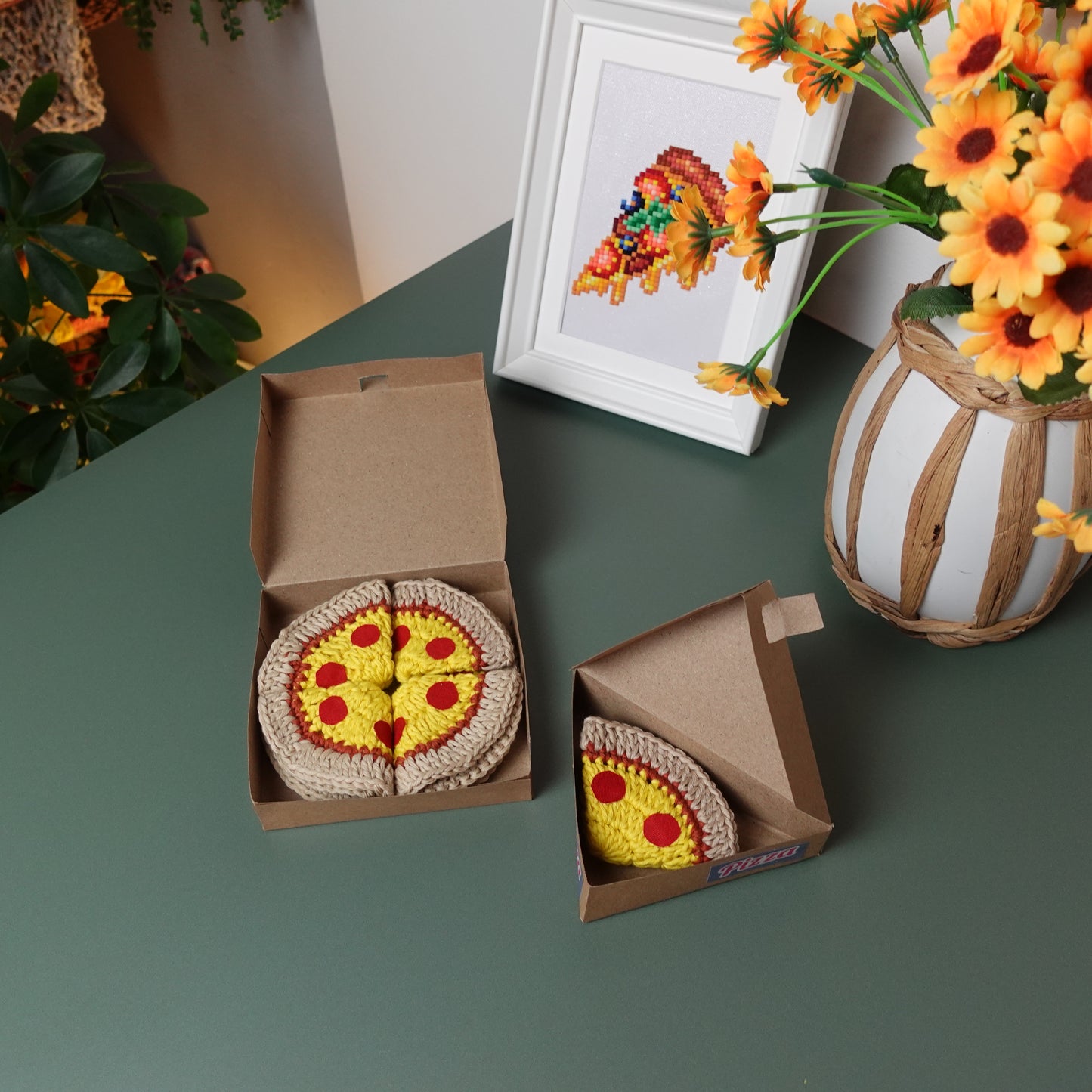 Crochet Pizza Coasters Written Pattern and Pizza Boxes Templates, Crochet Pattern, Crochet Pizza, Pizza, Brunaticality