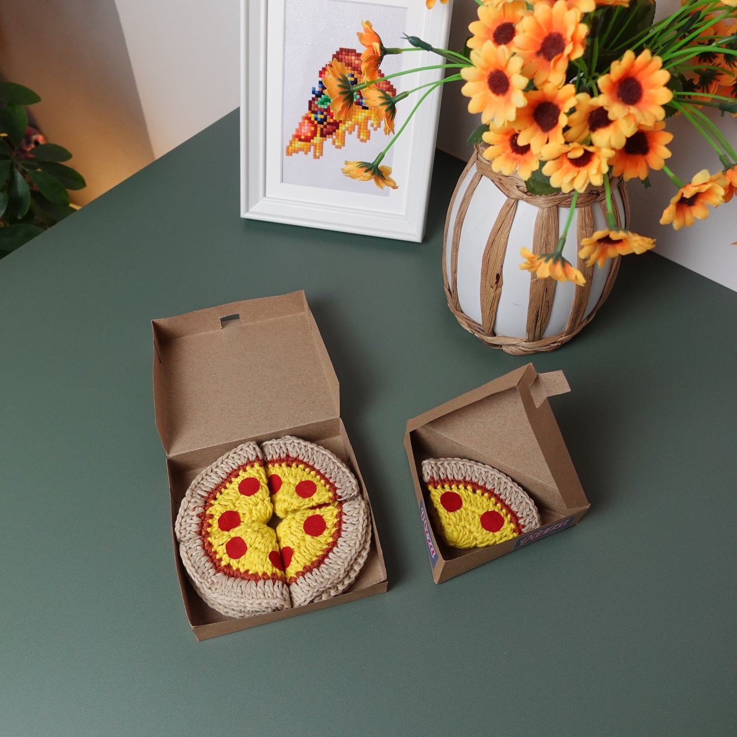 Crochet Pizza Coasters Written Pattern and Pizza Boxes Templates, Crochet Pattern, Crochet Pizza, Pizza, Brunaticality