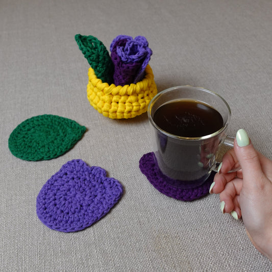 Crochet Tulip Flower Pot Coaster Set Written Pattern, flower crochet coaster, crochet flower pot coaster pattern, Brunaticality