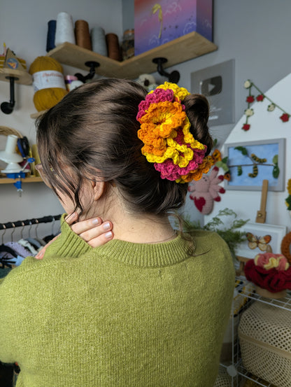 Handmade Crochet Flower Scrunchie – Pink, Orange & Yellow Statement Hair Accessory