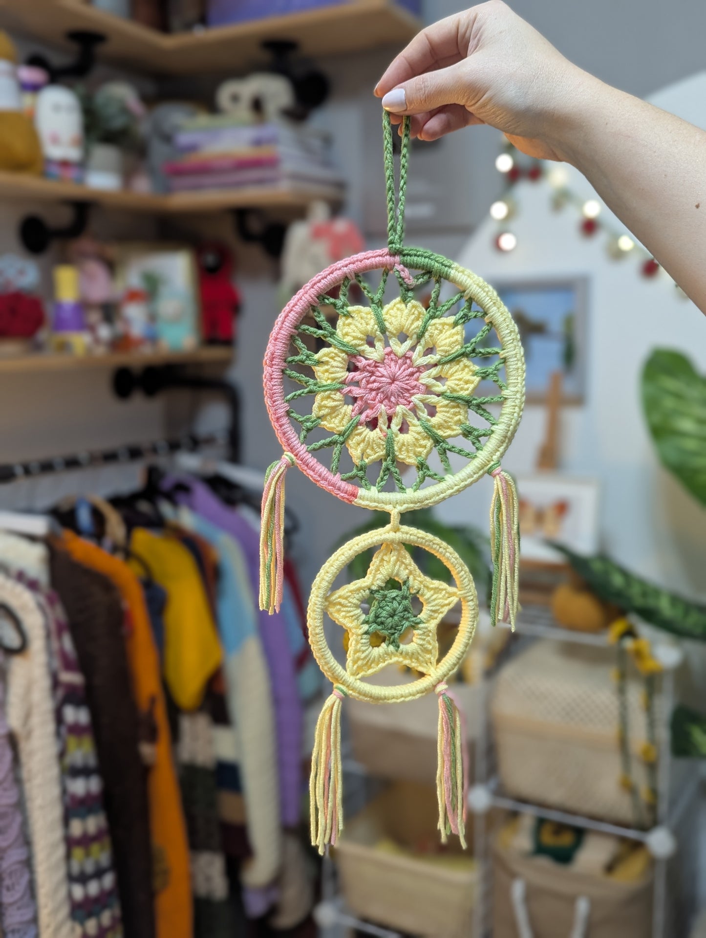 Handmade Crochet Sun & Star Wall Hanging – Pastel Boho Room Décor