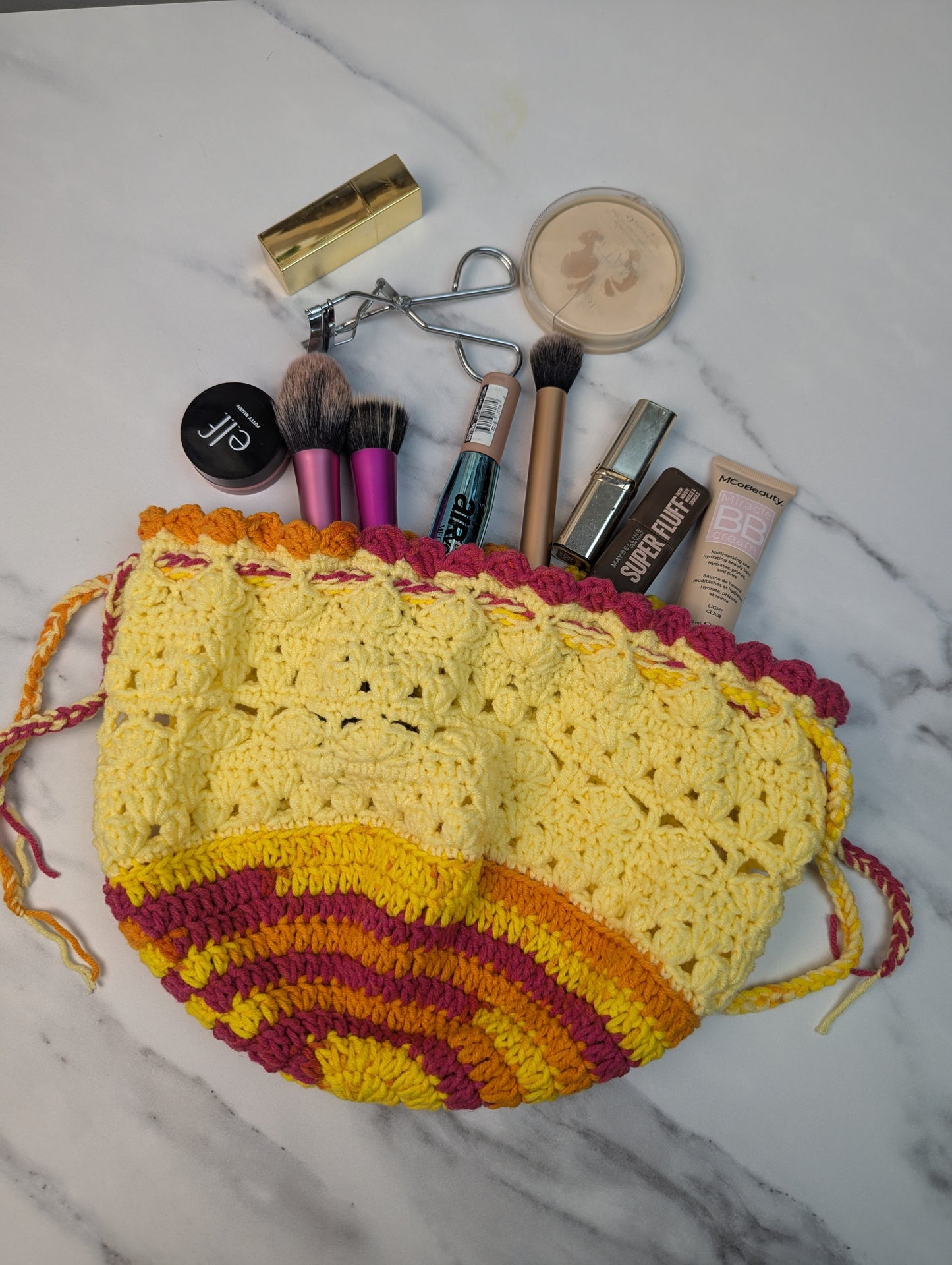 Handmade Crochet Drawstring Makeup Bag – Yellow, Pink & Orange Cosmetic Pouch