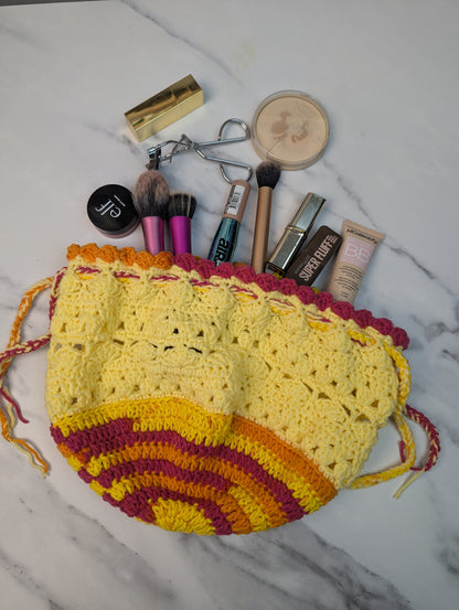 Handmade Crochet Drawstring Makeup Bag – Yellow, Pink & Orange Cosmetic Pouch