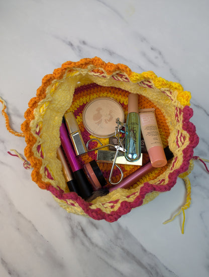 Handmade Crochet Drawstring Makeup Bag – Yellow, Pink & Orange Cosmetic Pouch