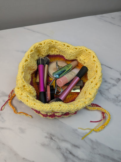 Handmade Crochet Drawstring Makeup Bag – Yellow, Pink & Orange Cosmetic Pouch