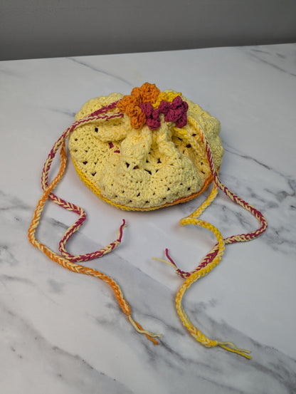 Handmade Crochet Drawstring Makeup Bag – Yellow, Pink & Orange Cosmetic Pouch