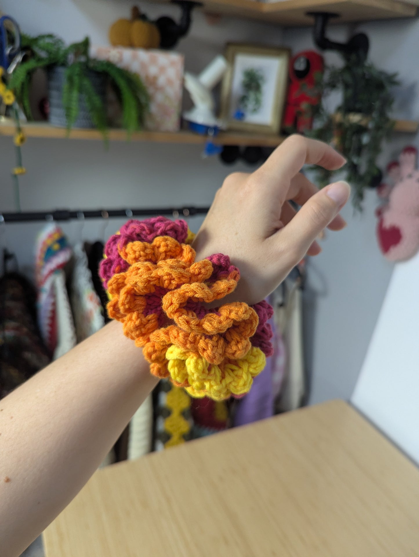 Handmade Crochet Flower Scrunchie – Pink, Orange & Yellow Statement Hair Accessory