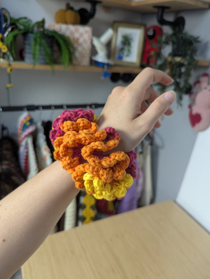 Handmade Crochet Flower Scrunchie – Pink, Orange & Yellow Statement Hair Accessory