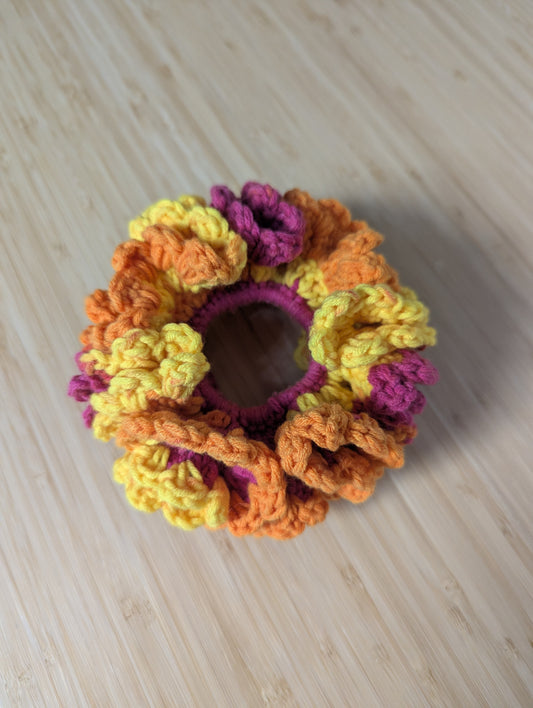 Handmade Crochet Flower Scrunchie – Pink, Orange & Yellow Statement Hair Accessory