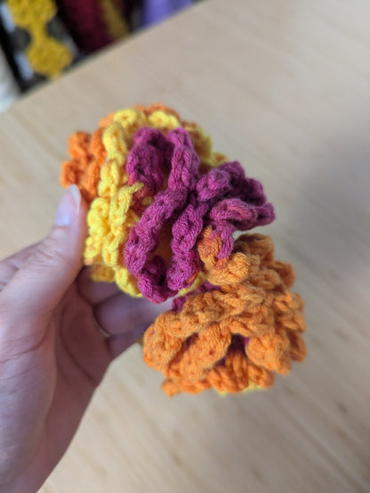 Handmade Crochet Flower Scrunchie – Pink, Orange & Yellow Statement Hair Accessory