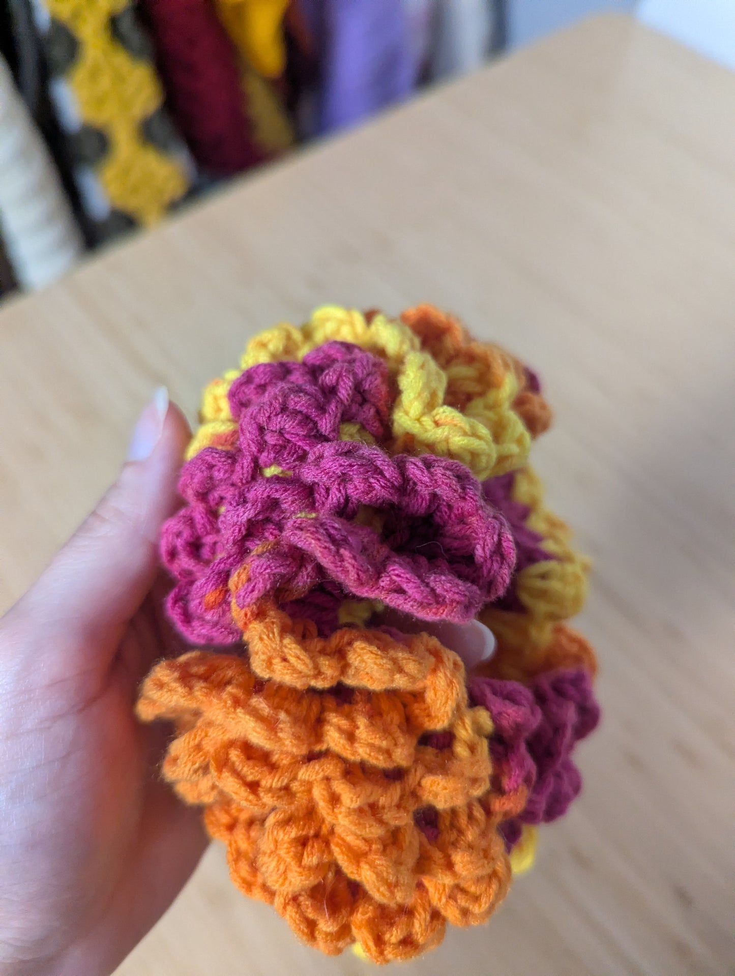 Handmade Crochet Flower Scrunchie – Pink, Orange & Yellow Statement Hair Accessory
