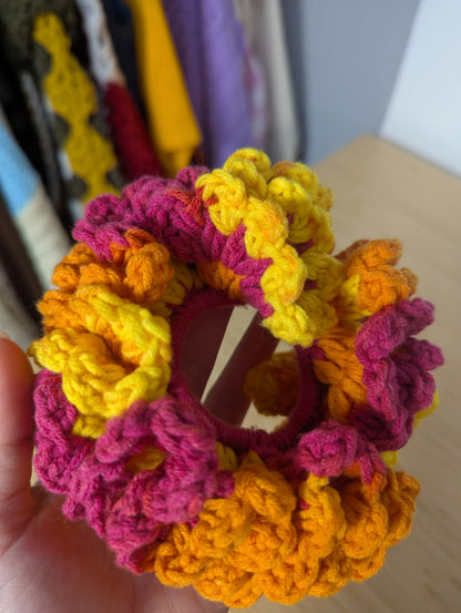 Handmade Crochet Flower Scrunchie – Pink, Orange & Yellow Statement Hair Accessory