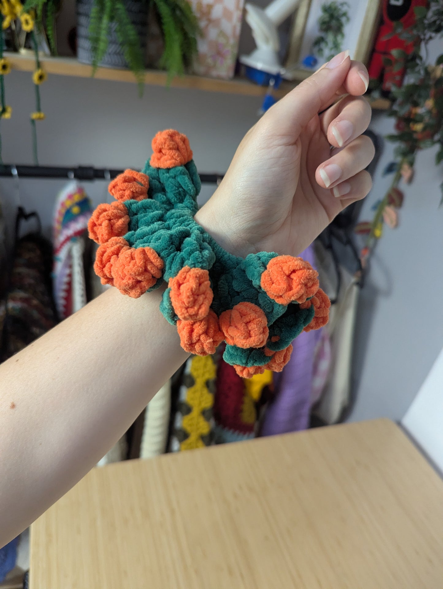 Oversized Plush Crochet Flower Scrunchie – Teal & Orange Statement Hair Accessory