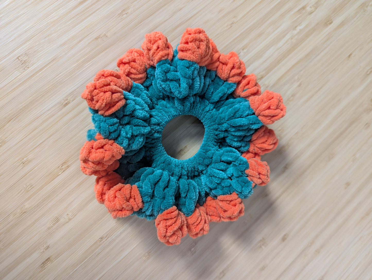 Oversized Plush Crochet Flower Scrunchie – Teal & Orange Statement Hair Accessory