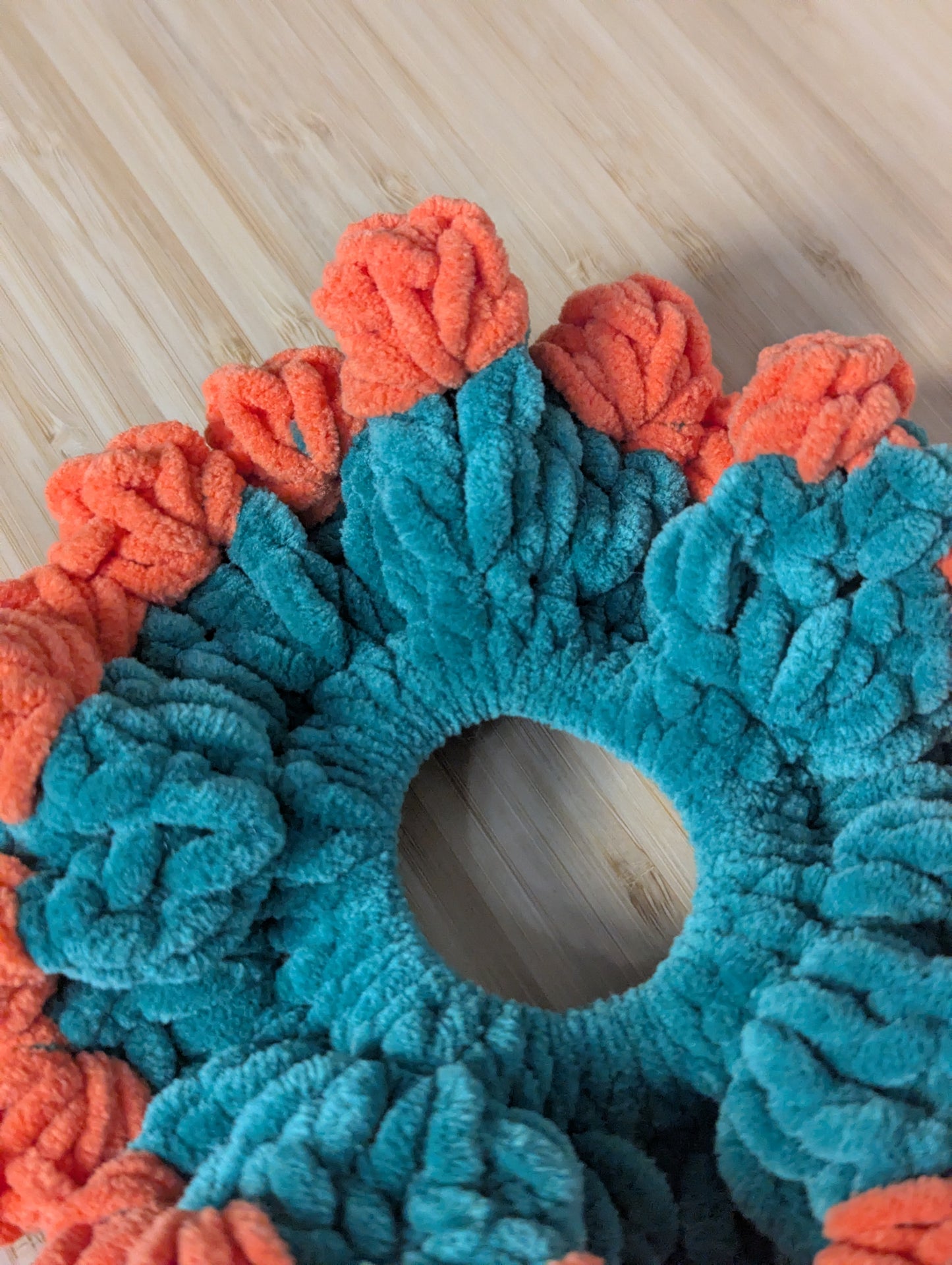 Oversized Plush Crochet Flower Scrunchie – Teal & Orange Statement Hair Accessory