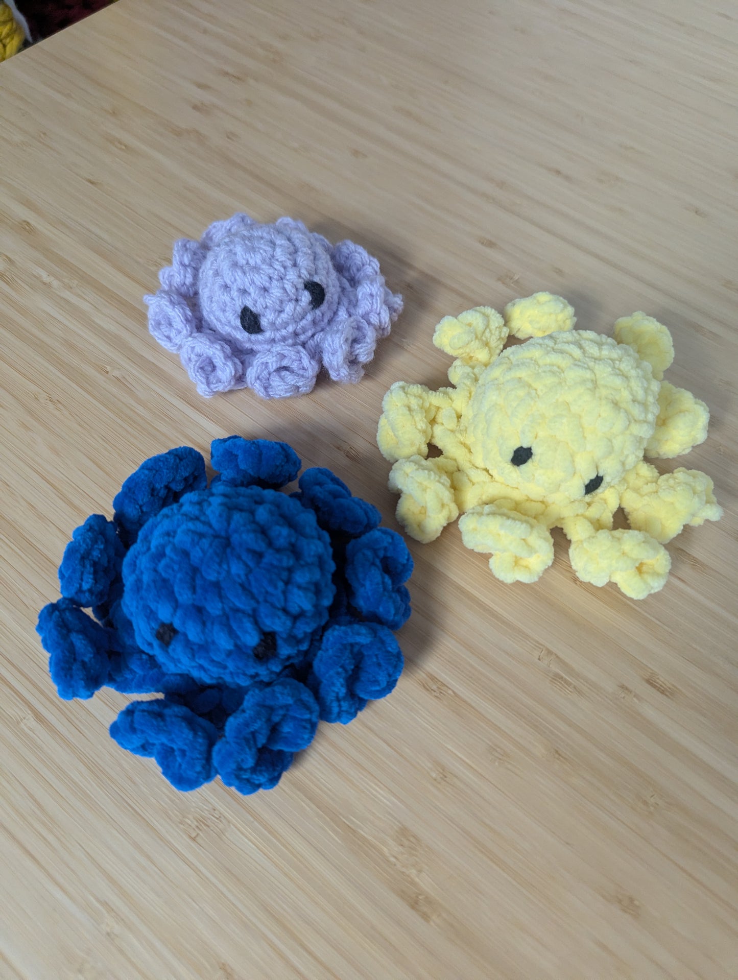 Bundle of 3 Handmade Crochet Mini Octopus Plushies – Blue, Yellow & Lilac