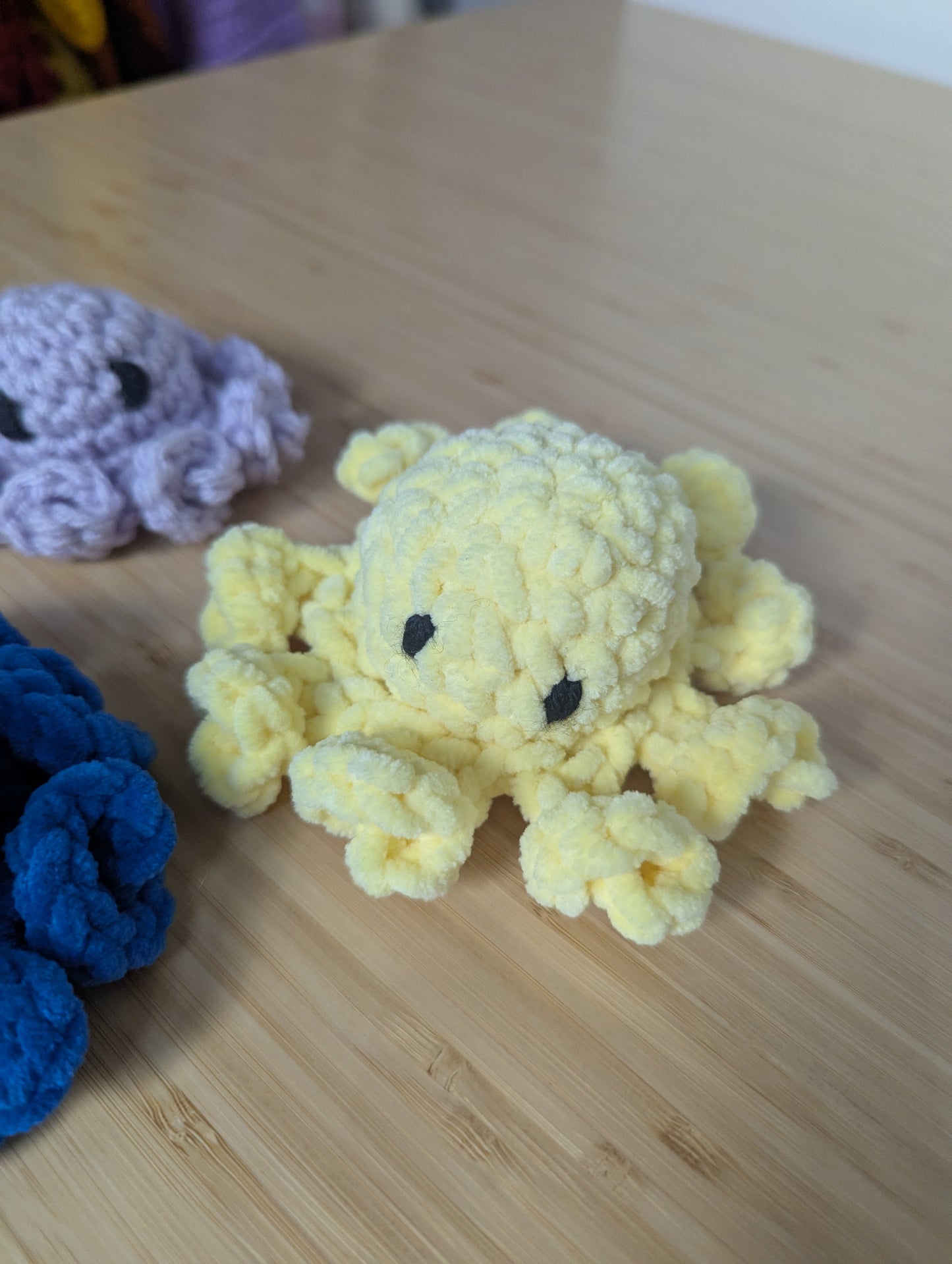 Bundle of 3 Handmade Crochet Mini Octopus Plushies – Blue, Yellow & Lilac