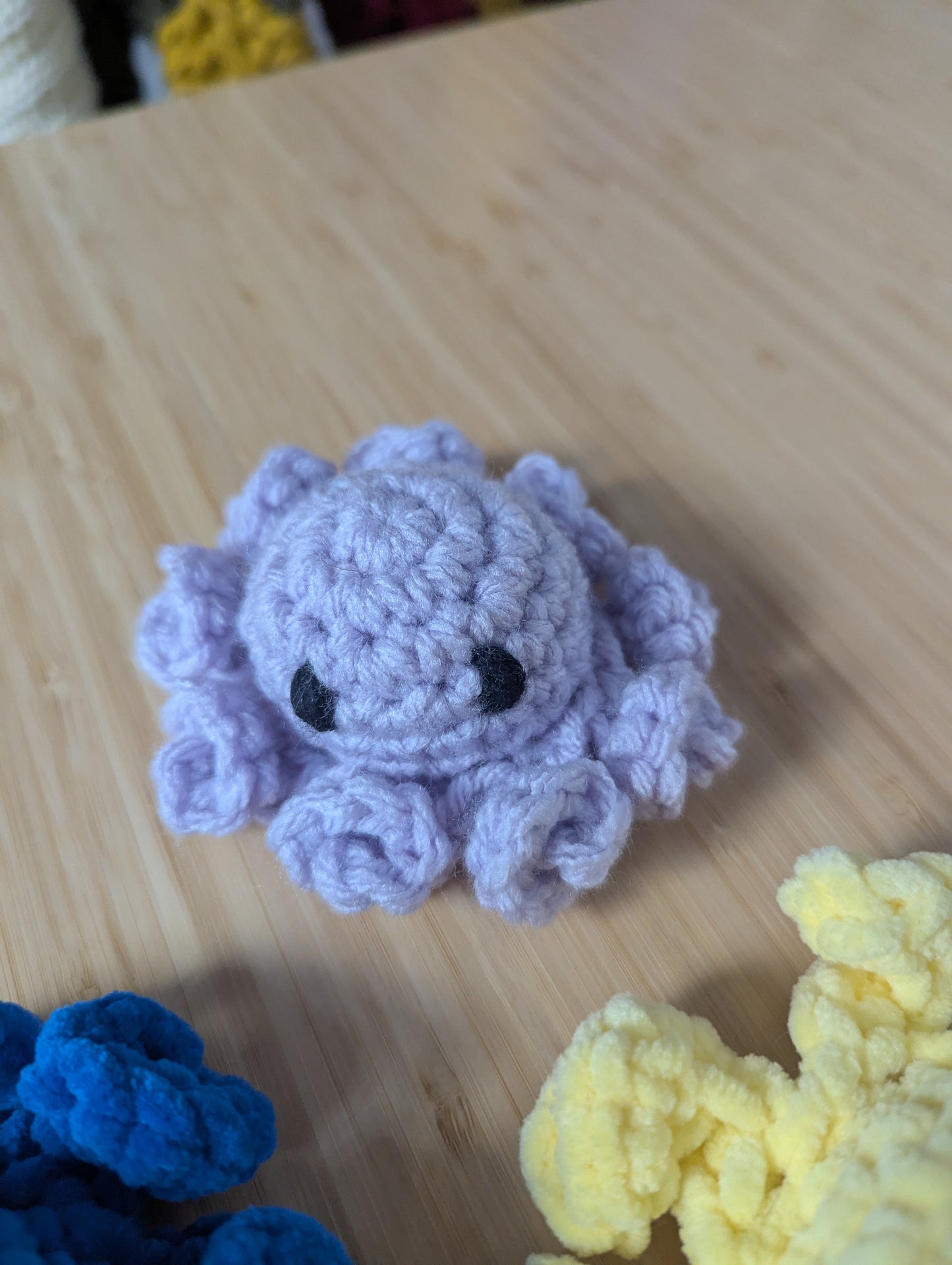Bundle of 3 Handmade Crochet Mini Octopus Plushies – Blue, Yellow & Lilac
