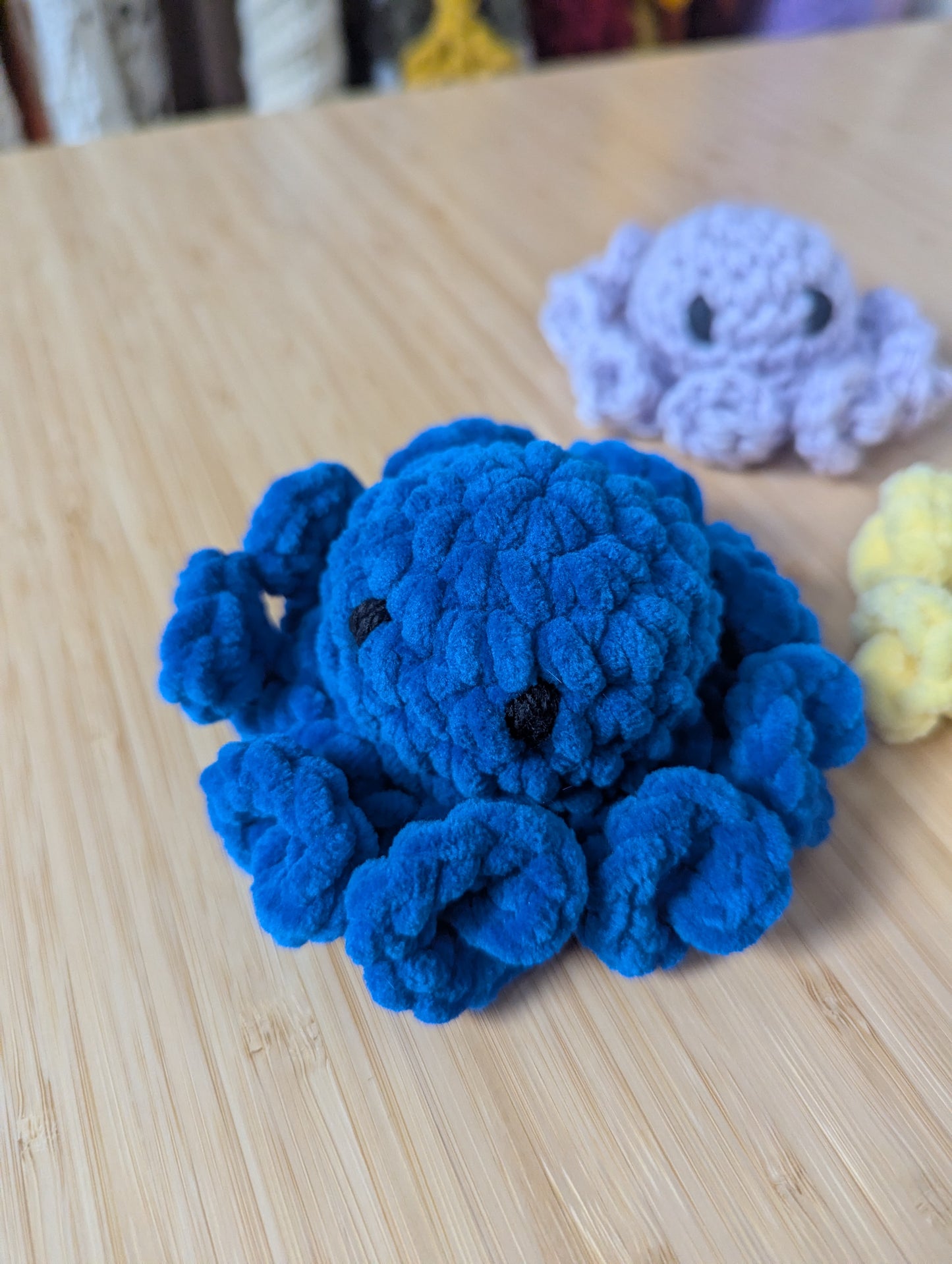 Bundle of 3 Handmade Crochet Mini Octopus Plushies – Blue, Yellow & Lilac