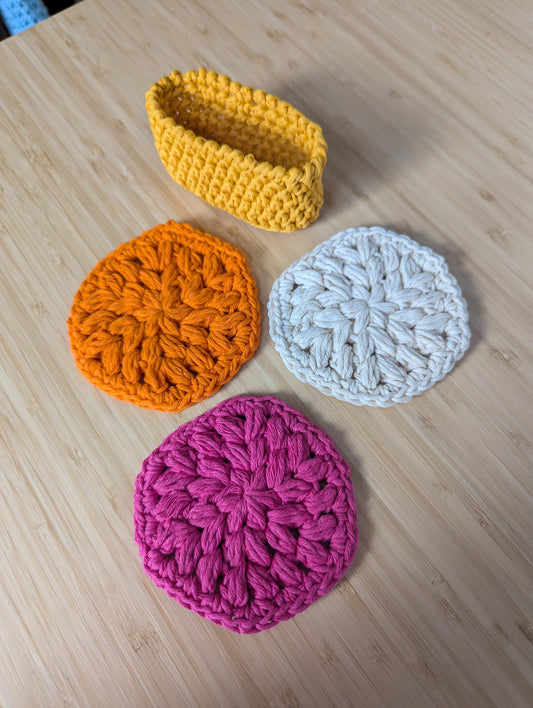 Reusable Crochet Face Scrubbies Set with Storage Basket – Set of 3
