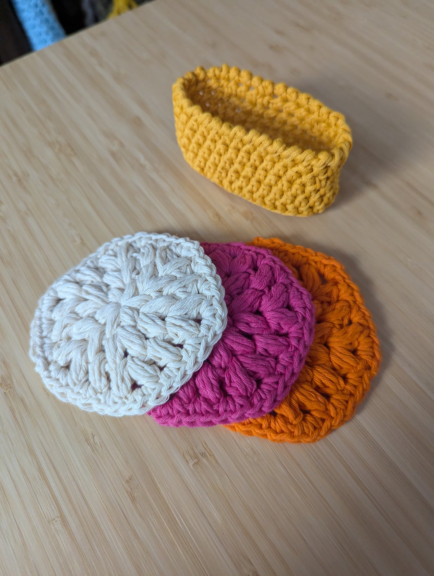 Reusable Crochet Face Scrubbies Set with Storage Basket – Set of 3