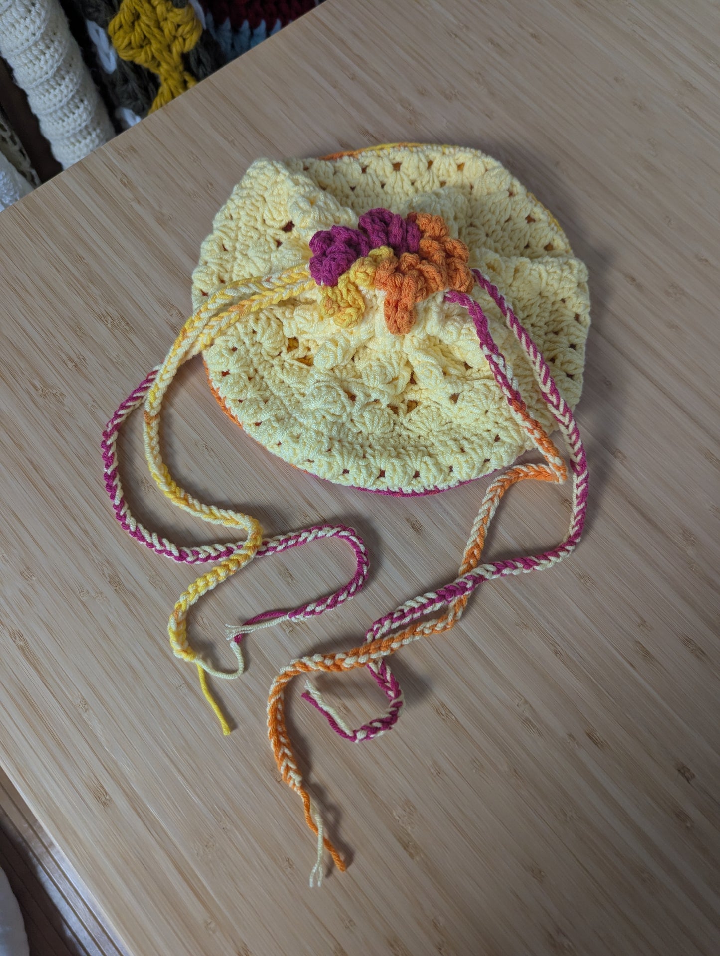 Handmade Crochet Drawstring Makeup Bag – Yellow, Pink & Orange Cosmetic Pouch