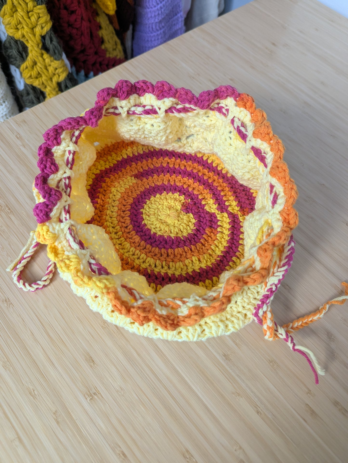Handmade Crochet Drawstring Makeup Bag – Yellow, Pink & Orange Cosmetic Pouch