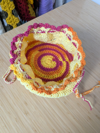 Handmade Crochet Drawstring Makeup Bag – Yellow, Pink & Orange Cosmetic Pouch