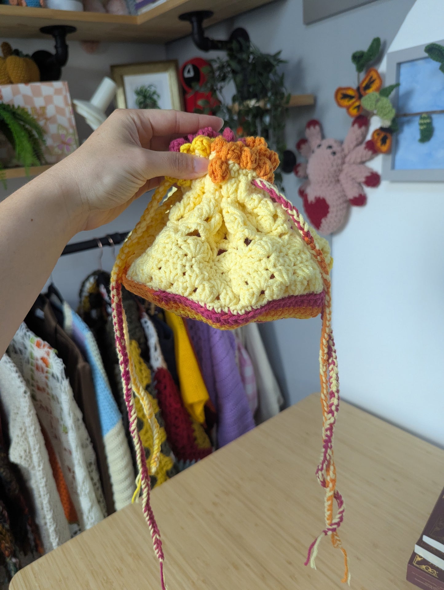 Handmade Crochet Drawstring Makeup Bag – Yellow, Pink & Orange Cosmetic Pouch