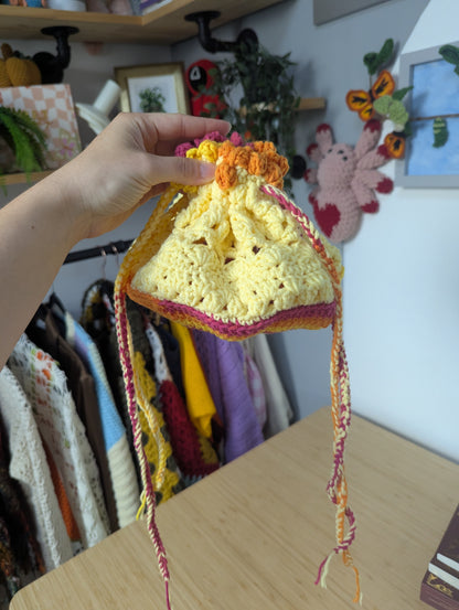 Handmade Crochet Drawstring Makeup Bag – Yellow, Pink & Orange Cosmetic Pouch