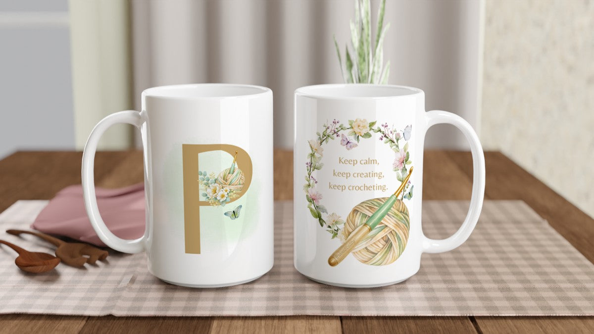 Personalised Floral Crochet Initial Mug - Custom Letter Gift for Crochet Lovers