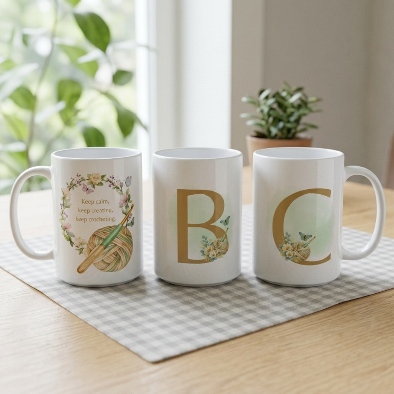 Personalised Floral Crochet Initial Mug - Custom Letter Gift for Crochet Lovers