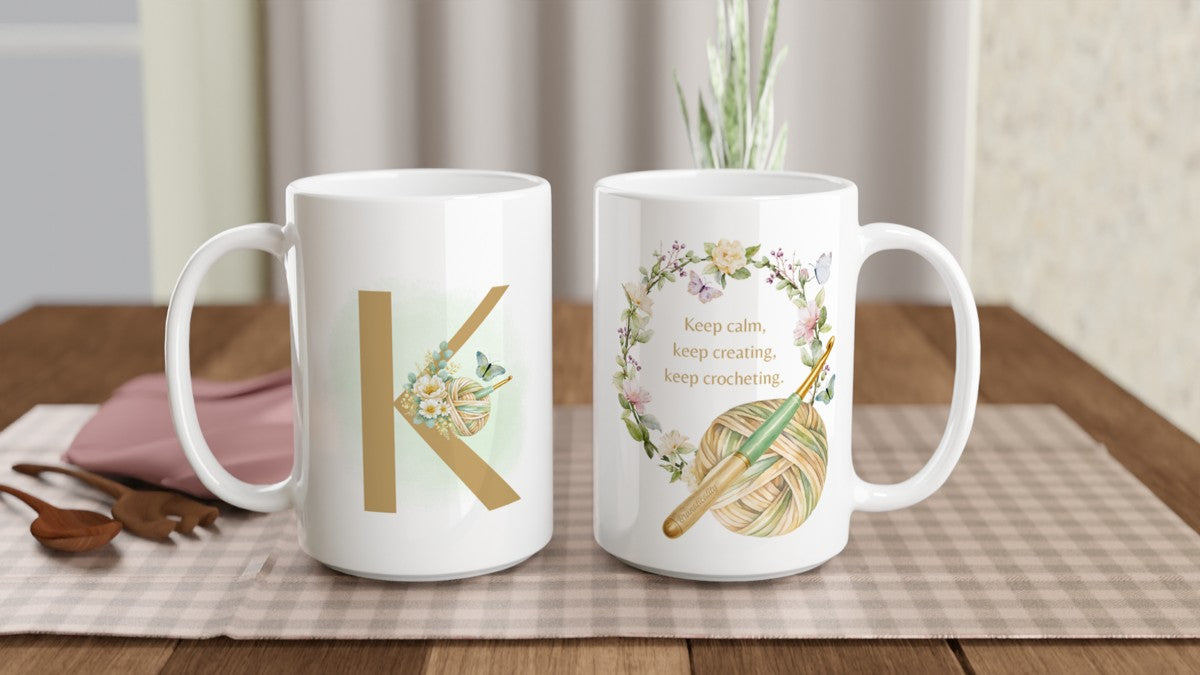 Personalised Floral Crochet Initial Mug - Custom Letter Gift for Crochet Lovers