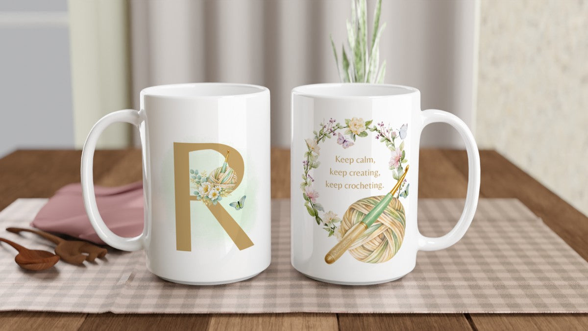 Personalised Floral Crochet Initial Mug - Custom Letter Gift for Crochet Lovers