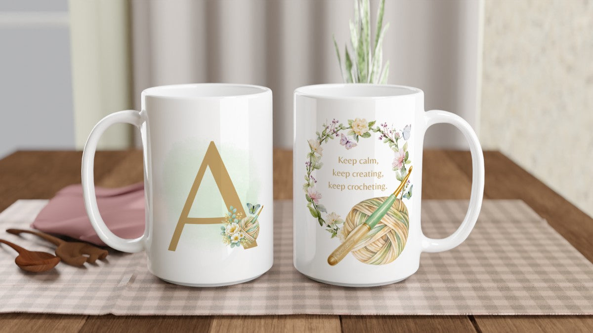 Personalised Floral Crochet Initial Mug - Custom Letter Gift for Crochet Lovers