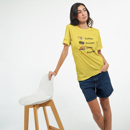 Coffee. Crochet. Sleep. Repeat! Colourful Relaxed Fit T-shirt by Brunaticality